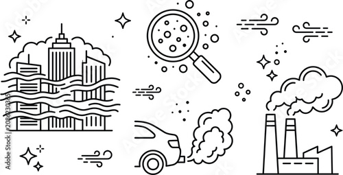 Tableau sur toile City smog air pollution factory smoke and car exhaust emissions line art vector