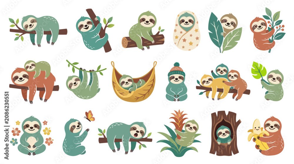 Obraz premium Adorable Cartoon Sloths Flat Illustration Set: Wildlife Animal Characters in Various Poses for Nature Designs