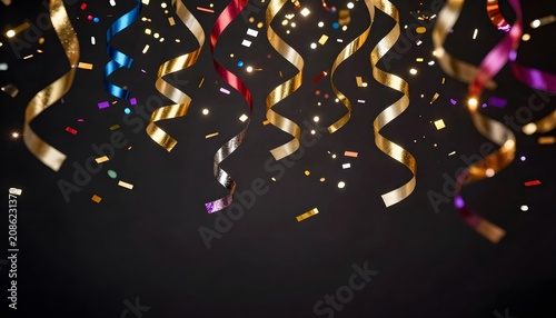 Luxury colorful confetti and ribbons on a dark background, creating an elegant festive atmosphere