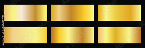 Luxury gold gradient swatches set for vector design. Collection of golden foil textures, yellow brass, polished chrome and bronze metallic effects for elegant branding, labels and premium decor. 