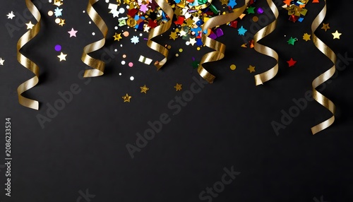 Luxury colorful confetti and ribbons on a dark background, creating an elegant festive atmosphere