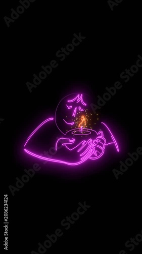 Man holding candle. Symbol of prayer and church concept in simple linear style. Memorial linear symbol. Neon glowing.