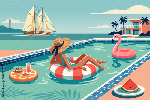 A woman relaxing on a striped pool float in a luxury resort pool, with a flamingo float, sailboat, palm trees, cocktail, and watermelon, summer vacation vibes. Vector illustration