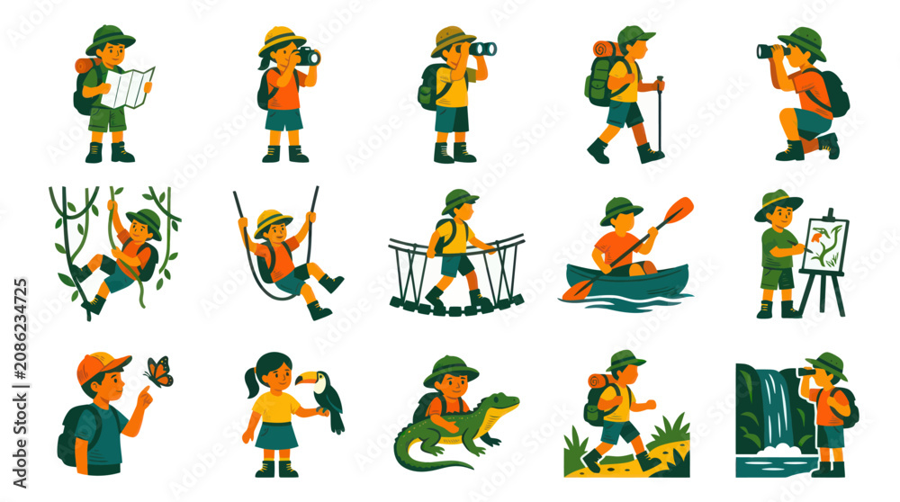 Fototapeta premium Outdoor Adventure Kids Set: Flat Vector Cartoon Illustrations of Children Exploring Nature and Wildlife