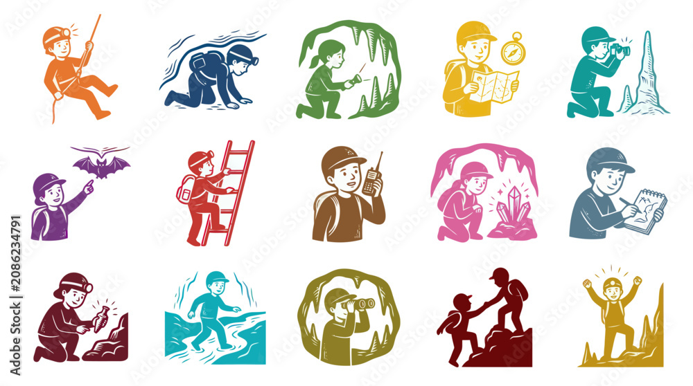 Obraz premium Flat Vector Illustration of Kids Exploring Caves and Caving Activities, Spelunking Adventure Set