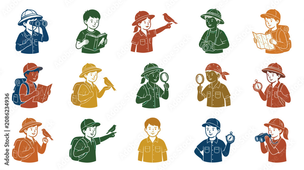 Obraz premium Outdoor Adventure Kids Icons Set. Vintage Textured Vector Illustrations of Children Exploring Nature.