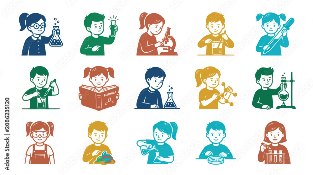 Obraz premium Flat Vector Illustrations of Children Engaging in Science Experiments and STEM Education