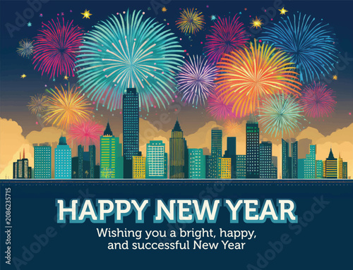 Festive Happy New Year Greeting Card with Vibrant Fireworks Display Over Metropolitan City Skyline Silhouette