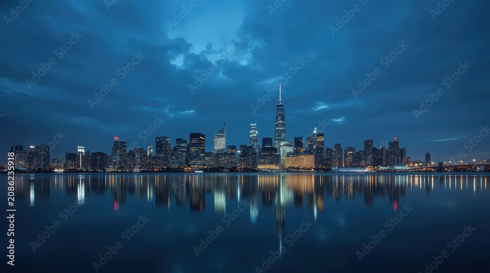 Fototapeta premium Blue hour skyline waterfront reflection, city skyline, calm water, illuminated tower