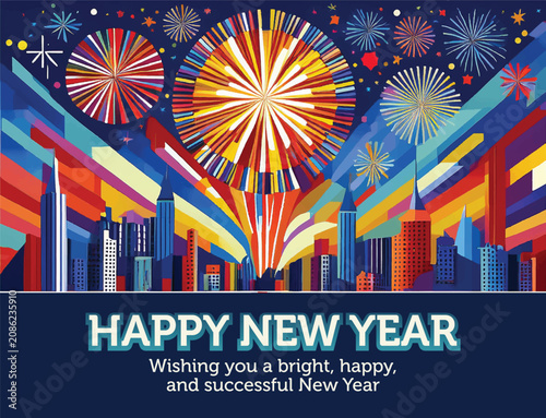 Happy New Year Celebration Poster Design with Colorful Fireworks over Cityscape Skyline Vector Illustration