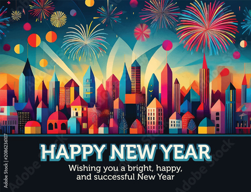 New Year Night Celebration with Fireworks Over City Skyline Vector Art
