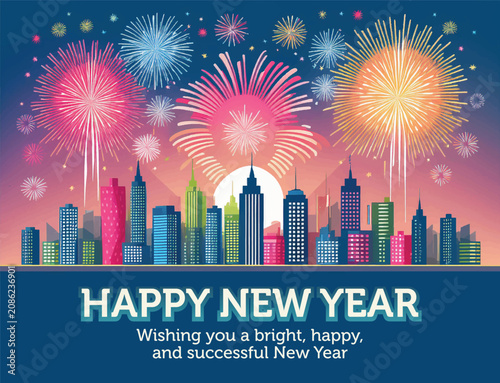 Happy New Year Greeting Card Design with Fireworks Over Colorful City Skyline