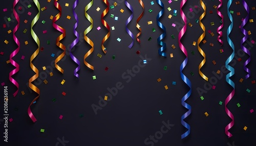 Luxury colorful confetti and ribbons on a dark background, creating an elegant festive atmosphere