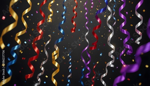 Luxury colorful confetti and ribbons on a dark background, creating an elegant festive atmosphere