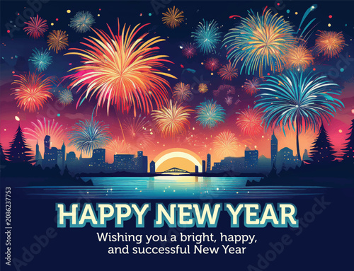 Scenic Night City Skyline with Vibrant Fireworks for Happy New Year Greeting Card 