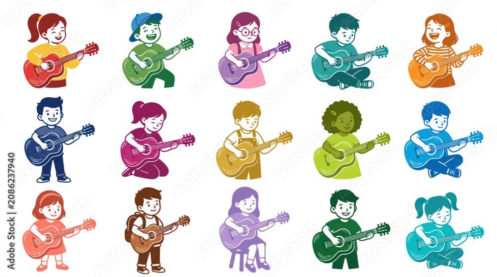 Fototapeta premium Cheerful Diverse Kids Playing Guitars Music Education Flat Style Vector