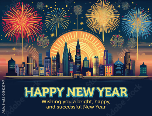 Stunning Cityscape with Spectacular Fireworks Display Celebrating Happy New Year