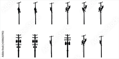 Silhouettes of linemen working on utility poles with transformers and wires untitled