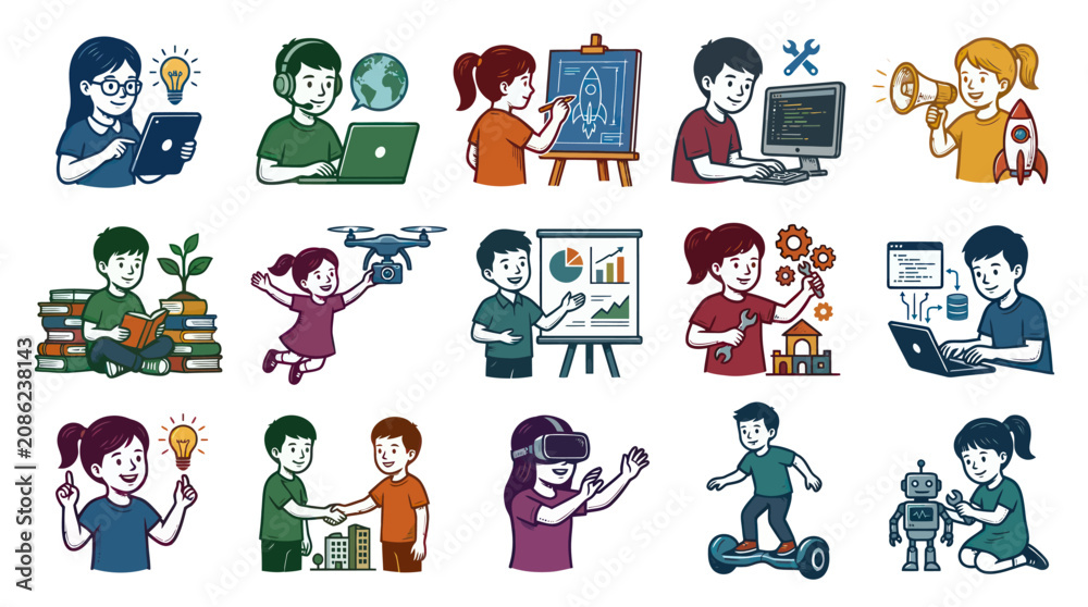 Fototapeta premium Children Engaging in STEM Education, Technology, and Innovation, Flat Design