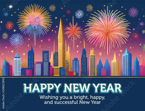 Happy New Year Celebration with Fireworks Over Modern City Skyline Vector Illustration