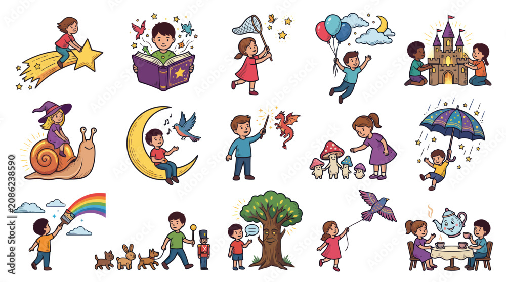 Fototapeta premium Childhood Imagination Learning: Colorful Cartoon Vector Illustrations of Kids Playing and Exploring