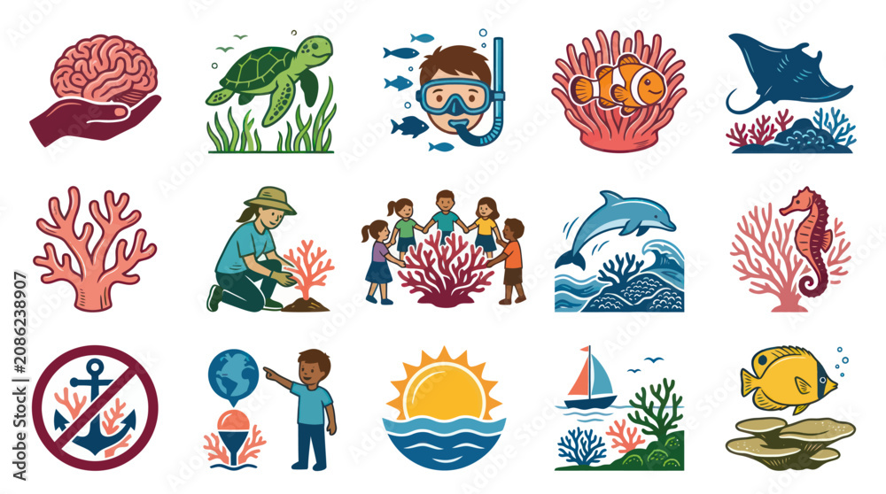 Fototapeta premium Ocean Conservation Icons - Flat Style Illustrations of Marine Life and Nature