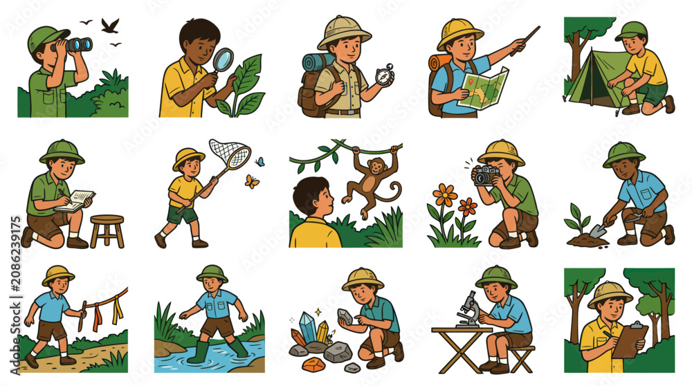 Obraz premium Cartoon Vector Illustration Set of Kids Exploring Nature, Science, and Outdoor Education Activities