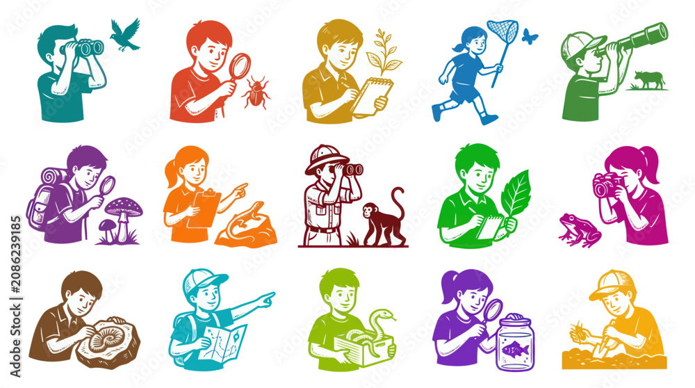 Obraz premium Educational Kids Nature Science Exploration Vector Illustrations - Children Learning Outdoors Activities Flat Graphic Art