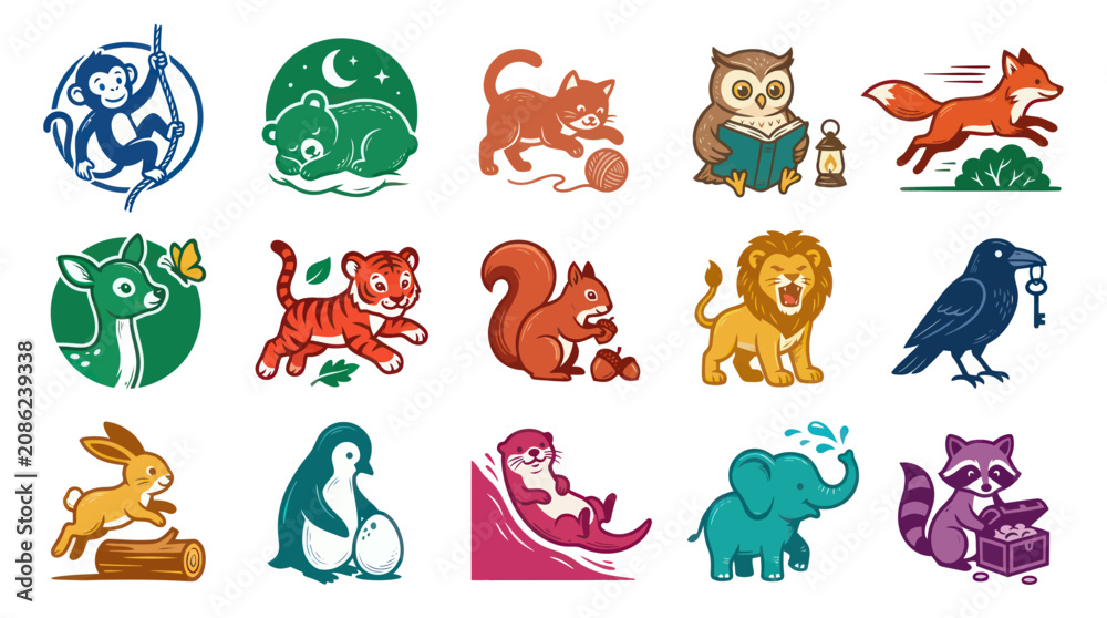 Fototapeta premium Colorful Flat Cartoon Animal Characters Vector Collection for Children's Books and Nature Wildlife Education