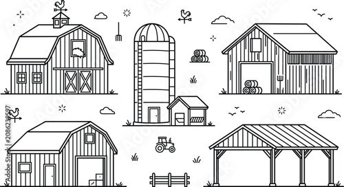 Quadro su tela Farm buildings barn icons set with silo hangar wooden shed tractor and hay bales