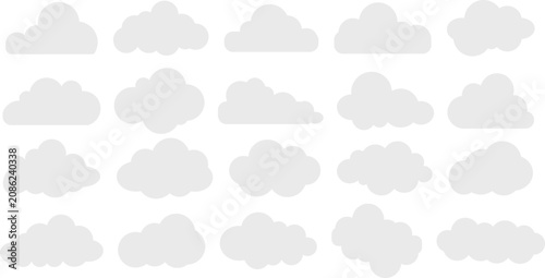 Foto Minimalist cloud icons set, 20 white flat vector clouds, simple weather symbols