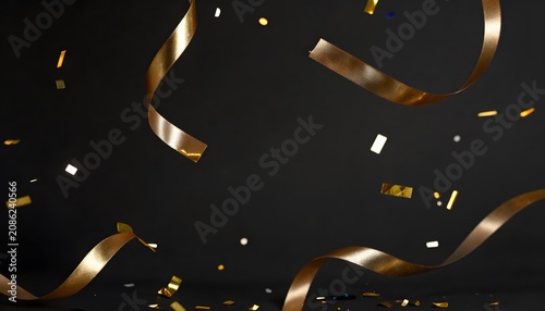 Luxury colorful confetti and ribbons on a dark background, creating an elegant festive atmosphere