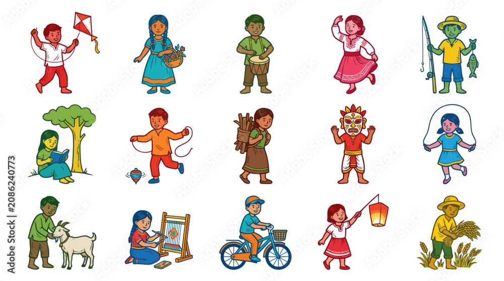 Naklejka premium Diverse Children Performing Various Activities in Flat Illustration Style