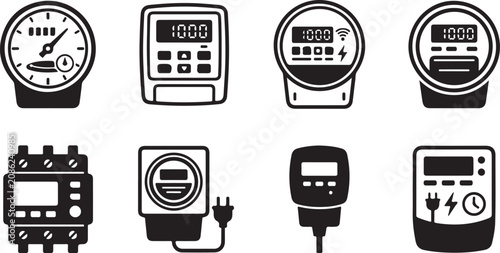 Eight electrical meters and devices flat illustration set Vector