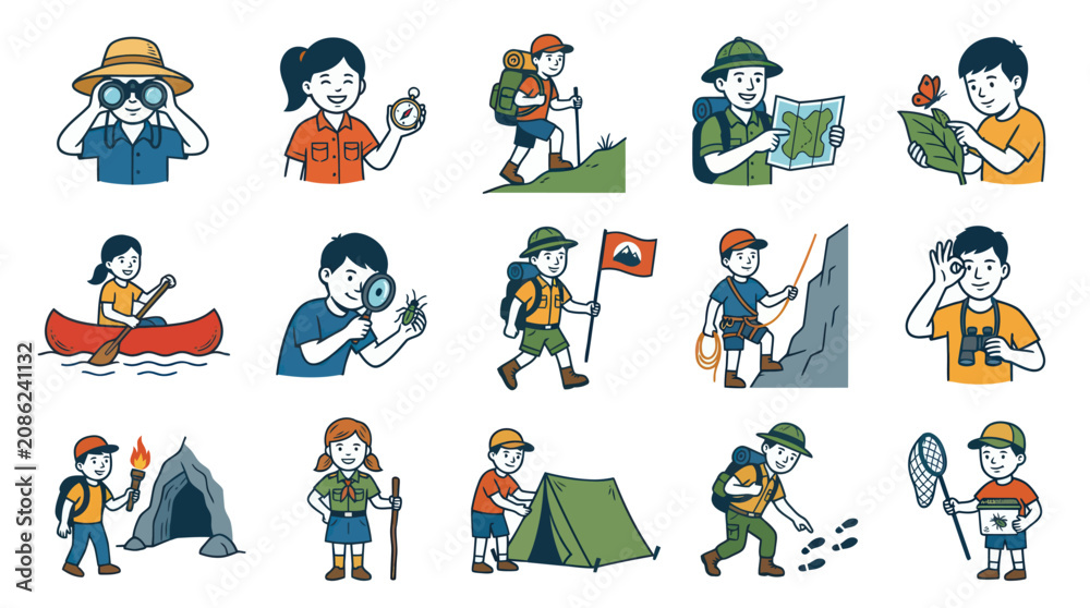 Fototapeta premium Outdoor Adventure Kids Camping Hiking Nature Exploration Icons Flat Vector Art