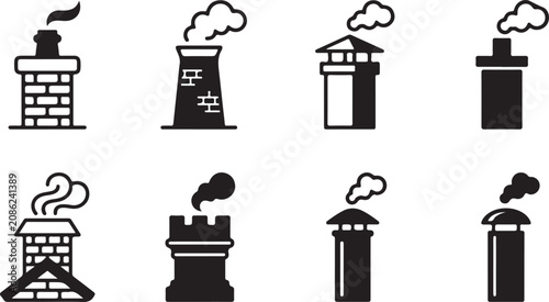 Bild auf Leinwand Eight black smoke emitting chimney and factory icons set Vector