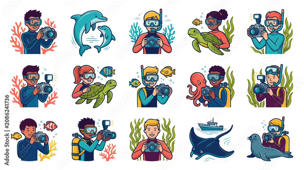 Fototapeta premium Modern Cartoon Vector Illustrations of Underwater Photography, Scuba Diving, Divers and Marine Life