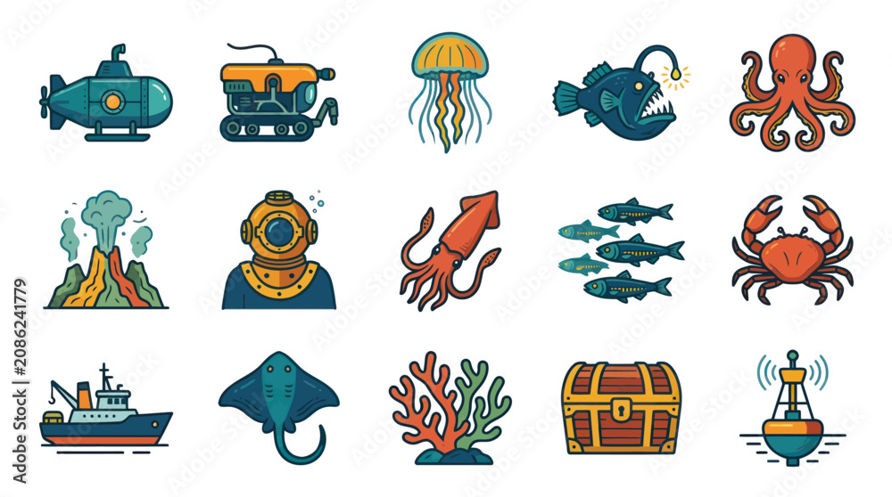 Obraz premium Ocean and Sea Life Outlined Color Vector Icons Set for Underwater Exploration and Marine Adventures