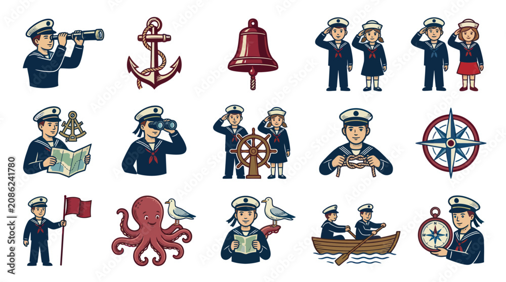Fototapeta premium Nautical Theme Vector Icons: Sailors, Anchor, Compass, Ship Wheel, Octopus, Bell