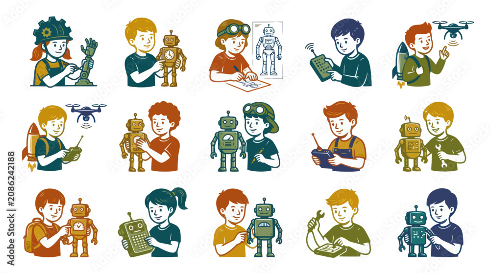 Fototapeta premium Kids Building Robots and Drones, Tech Education, Flat Design Vector Art