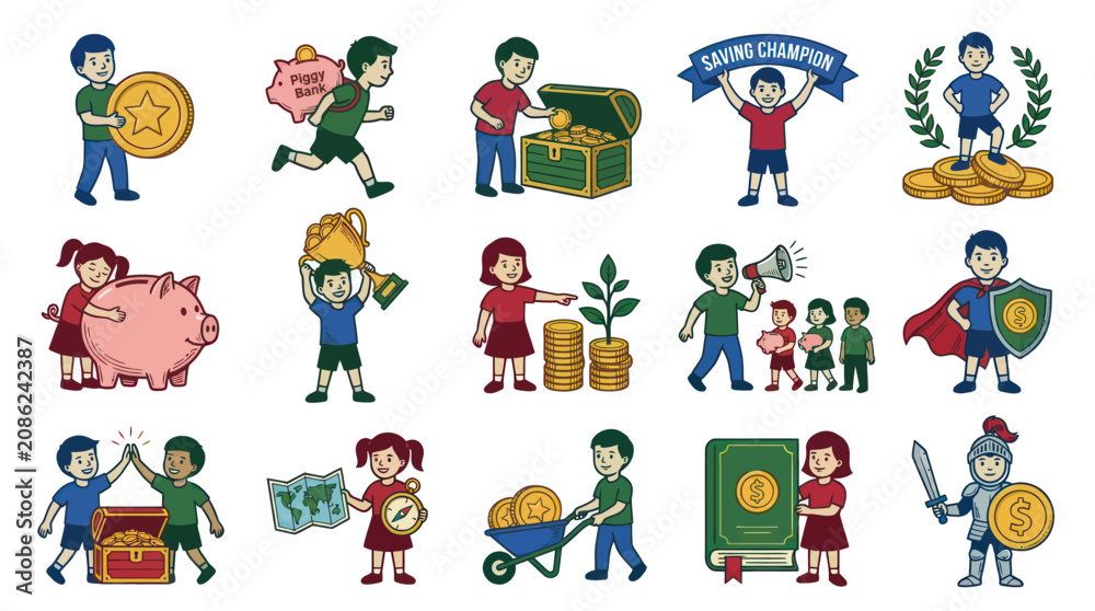 Fototapeta premium Children Saving Money - Financial Education Investment Concepts, Flat Vector Art