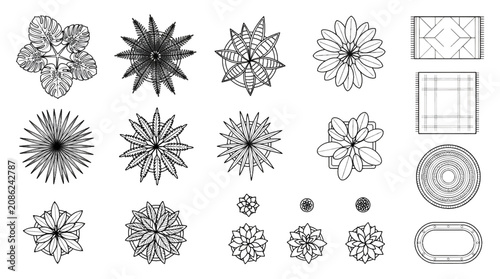 Vector Top View Architectural Floor Plan Symbols Featuring Potted Plants and Rugs Black and White Line Art