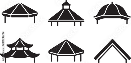 Schilderij op canvas Six different traditional pavilion roof designs in black and white vector style