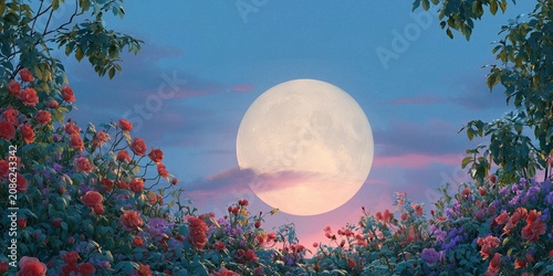 Magical full moon background featuring blooming flowers inside its glowing sphere. Peaceful morning nature scene with soft light and mist for relaxation and meditation themes.