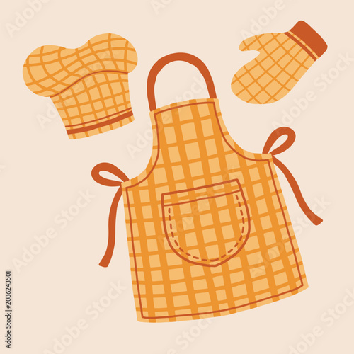 Cute chef cooking set vector illustration, hand drawn orange plaid apron, baker hat, and oven mitt icon collection isolated for culinary design