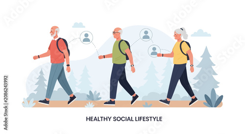 Flat vector illustration of three senior citizens hiking outdoors with backpacks and fitness trackers, featuring social connection icons and healthy social lifestyle text.