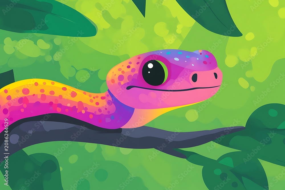 Obraz premium A vibrant and colorful cartoon lizard resting on a green jungle branch
