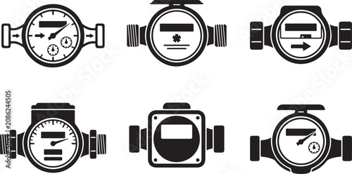 Foto Isometric water meter and valve icons set in black and white Vector