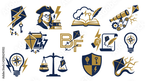 Fotografía Collection of Icons Representing Innovation, Knowledge, and Discovery, Featuring Benjamin Franklin