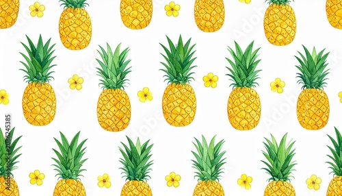 Yellow pineapples with flowers on white tropical repeating background